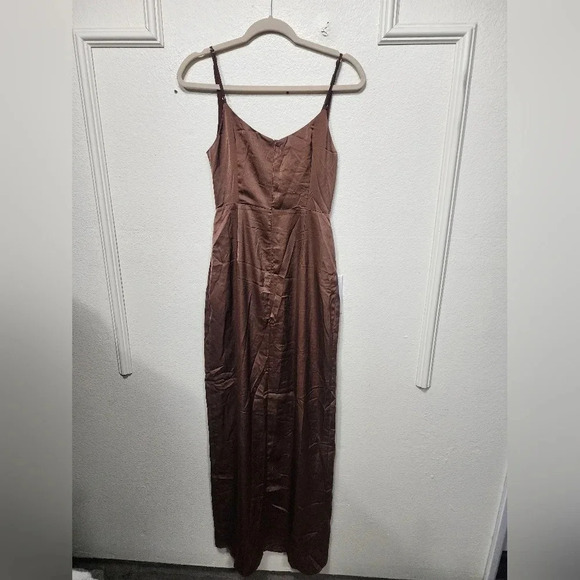 Lulus Lovely Drama Brown Satin Sleeveless A-Line Maxi Dress Wedding Party Prom - Picture 12 of 12